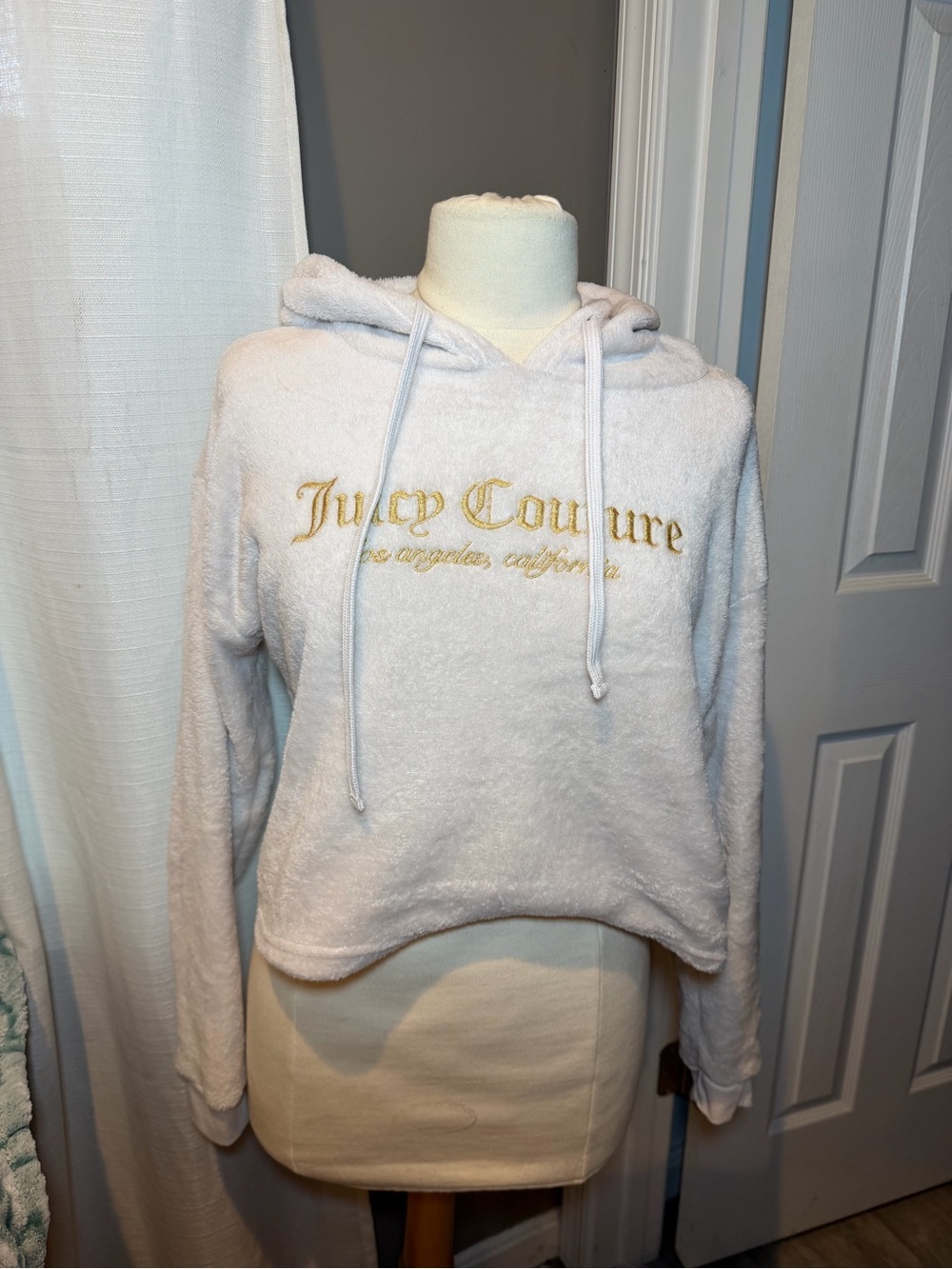 Juicy Couture White Plush Hoodie with Gold Embroidered Logo